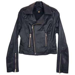 TRUE RELIGION Jacket Womens Small Black Coated Motorcycle Biker Cropped Zipper